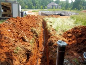 Trenching and laying pipe and wire from a water well to a new home