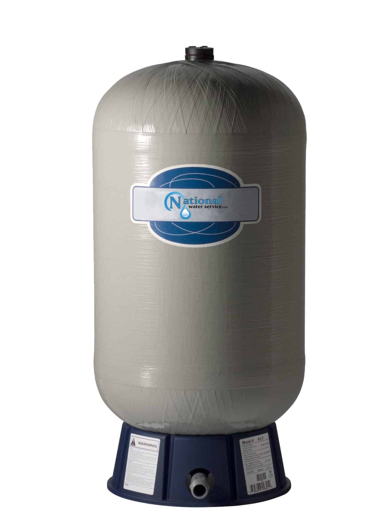 A large, gray cylindrical pressure tank with a blue base and a National label on the front, shown against a plain white background.