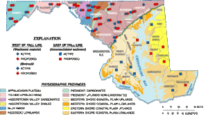 A map of Maryland shows physiographic provinces, the Chesapeake Bay, quarry sites, and acidic water areas, using colored symbols and a legend to indicate material, status, and locations relevant for water testing in Maryland, DC, and Northern Virginia.