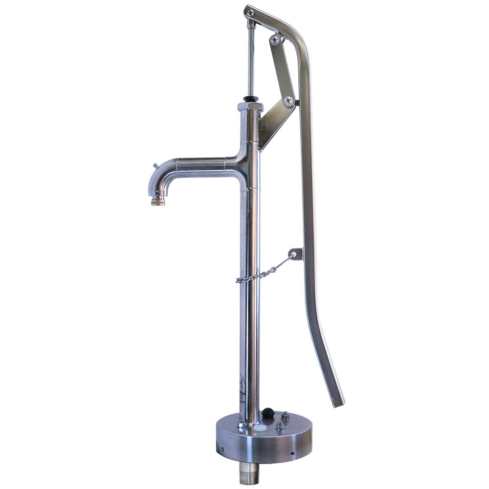 A stainless steel hand water pump with a long curved handle, a spout, and a circular base for mounting, designed for manual operation to draw water.
