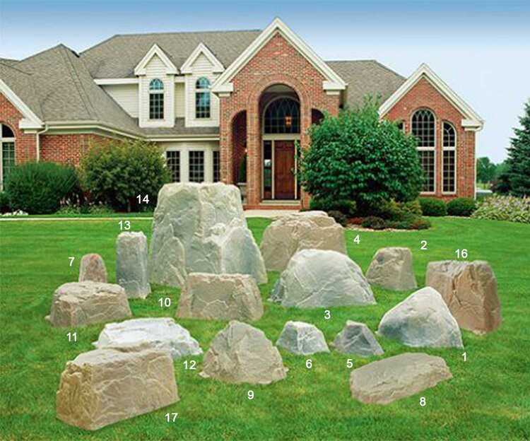 A brick house with arched windows and a green lawn displays artificial rocks of various shapes, each labeled with a number—perfect for concealing a Well Pump. Shrubs and trees add natural charm in the Maryland backdrop.