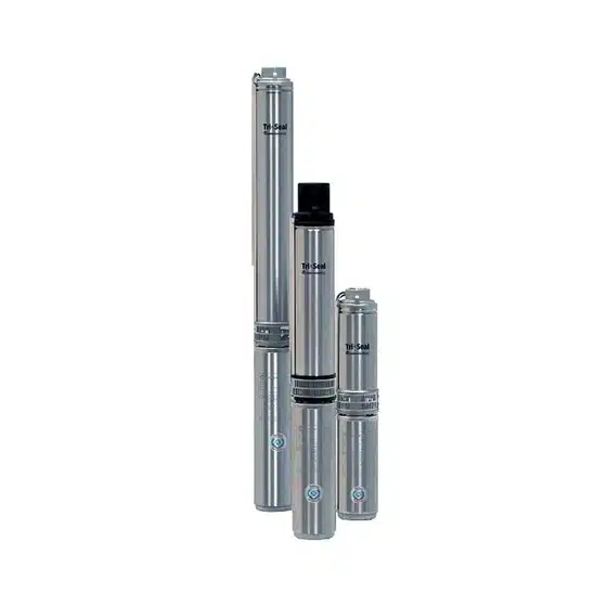 Three stainless steel submersible water pumps of varying heights, ideal for well pump installation, are standing upright on a white background.