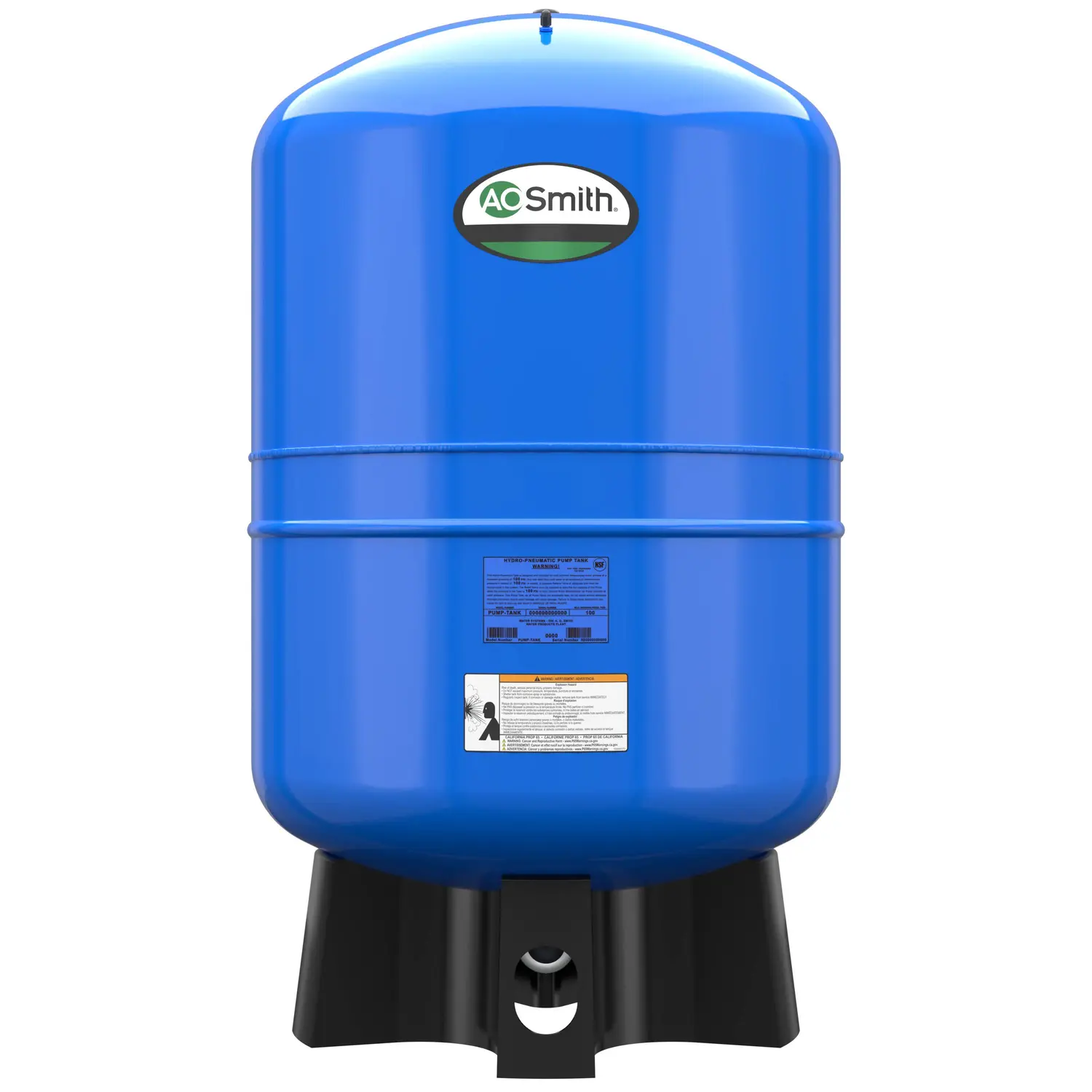 A large blue A.O. Smith water pressure tank with a rounded top sits on a black plastic base, ideal for Well Pump Installation. The tank features a front label with product information and safety instructions.