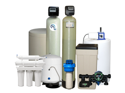 A range of water treatment equipment from National Water Service, including filtration units, well pump, water softeners, tanks, reverse osmosis system, and control valves, all arranged together on a white background for complete plumbing solutions.