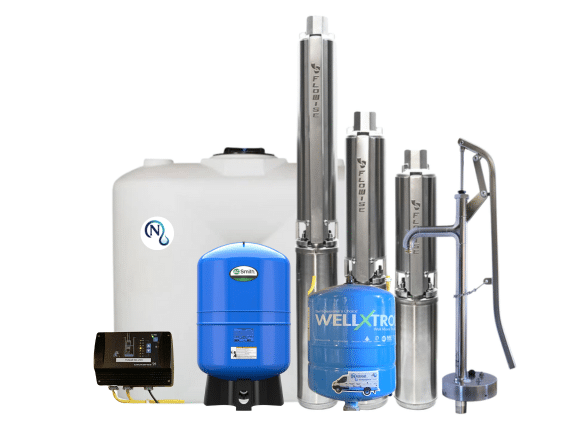 A collection of water system components from National Water Service, including a white storage tank, blue pressure tanks, three stainless steel pumps, a control box, and various plumbing pipes and fittings arranged on a white background.