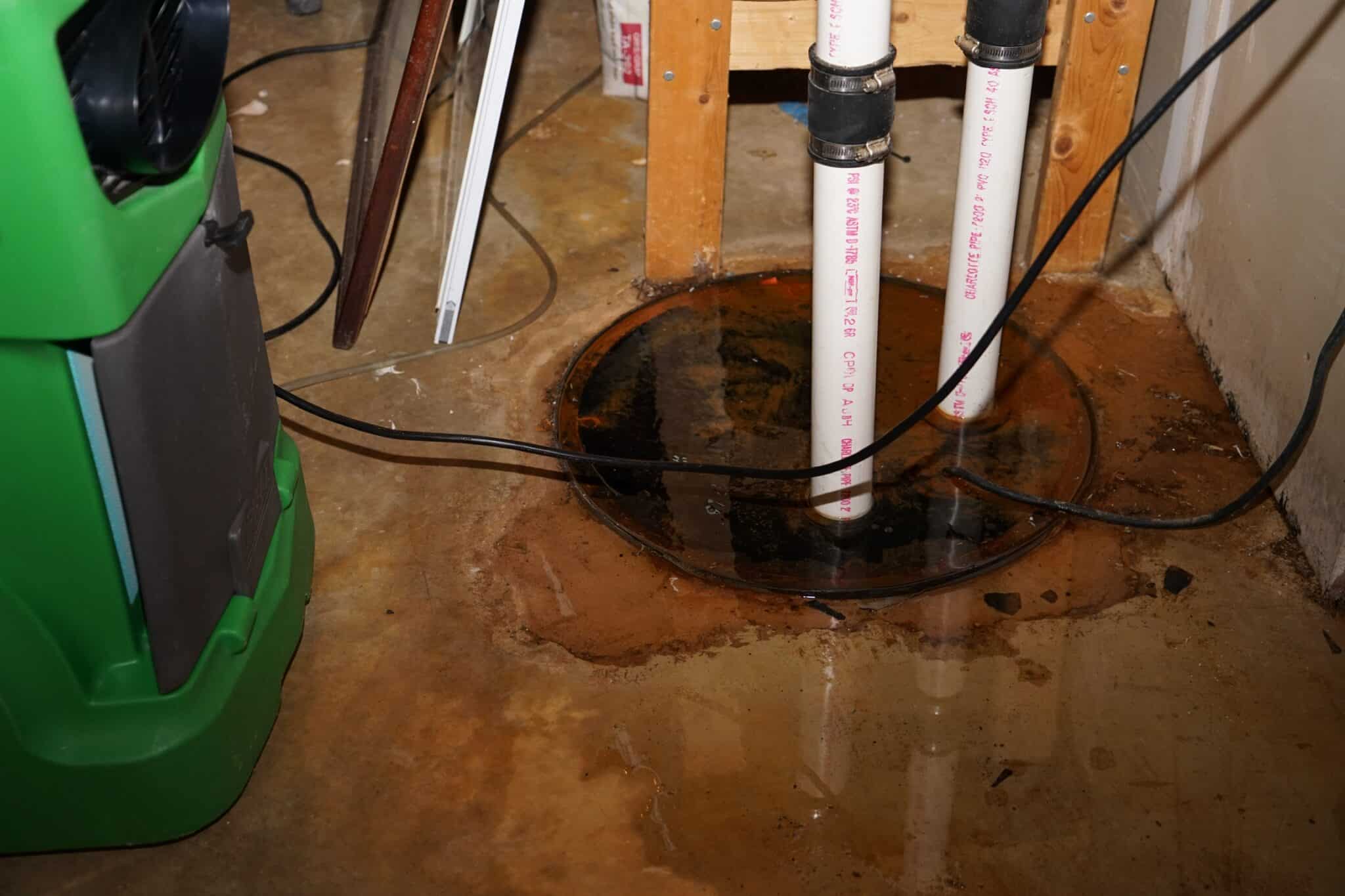 A basement floor with water pooling around a sump pump cover, PVC pipes, and a green dehumidifier; electrical cords are visible, indicating possible flooding or water leakage—National Water Service Maryland can help with such emergencies.