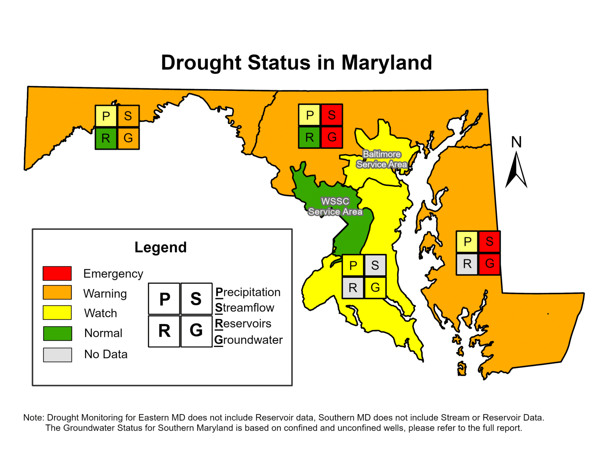 A color-coded map of Maryland shows drought status by county: western and southern areas are in watch status (orange), central is normal (yellow), and colored boxes indicate drought types—precipitation, streamflow, reservoirs, groundwater.