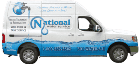 White National Water Service van with blue wave graphics, company logo, faucet illustration, and contact numbers 1-800-232-5306 and 301-WATER-4-U. The van advertises plumbing, well pump services, water treatment, and purification.