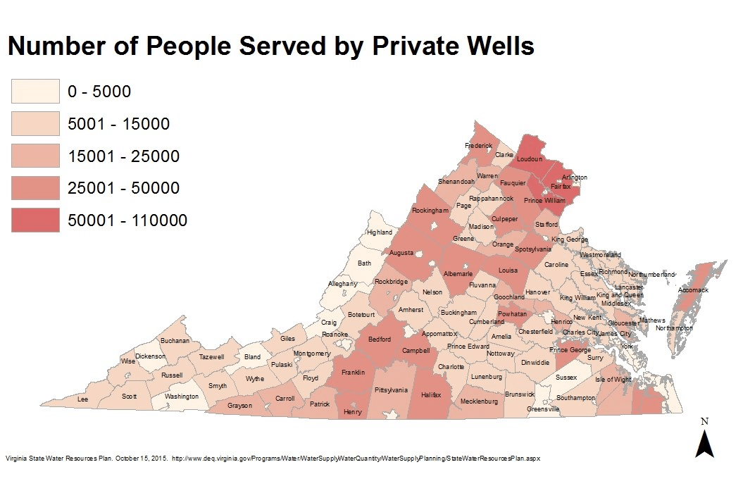 A color-coded map of Virginia displays the number of people served by private wells by county, highlighting high concentrations in northern and western counties where water treatment in Northern Virginia is especially important.