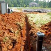 Trenching and laying pipe and wire from a water well to a new home