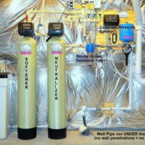 Whole House Water Treatment. A Water Softener with Brine Tank for hard water, an Acid Neutralizer for pH & corrosion control, a Whole House Sediment Filter and a Constant Water Pressure Well Pump Control System.