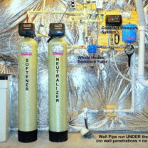 Whole House Water Treatment. A Water Softener with Brine Tank for hard water, an Acid Neutralizer for pH & corrosion control, a Whole House Sediment Filter and a Constant Water Pressure Well Pump Control System.