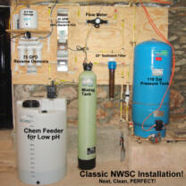 A Reverse Osmosis for 99.9% contaminant free drinking water, a Solution Feeder for pH & corrosion control, Ultraviolet Disinfection System to remove 99.9% of all Bacteria from your water, A Sedminet Filter, Mixing Tank , Flow Meter and Well Water Pressure Tank