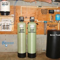 A Reverse Osmosis for 99.9% contaminant free drinking water, a Water Softener with Brine Tank for hard water, an Acid Neutralizer for corrosion control, a Sediment Filter and a Well Water Constant Pressure System