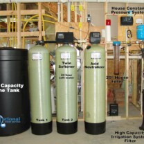 Twin Water Softeners for hard water with a High Capacity Brine Tank, an Acid Neutralizer for corrosion control, a whole house Sediment Filter, a Well Water Constant Pressure System and a High Capacity Sediment Filter for Irrigation