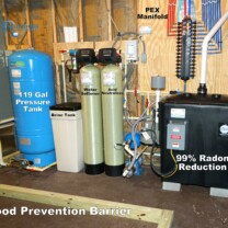 A Radon in Water Remediation System, a Well Water Pressure Tank, a Water Softener for hard water with Brine Tank, An Acid Neutralizer for pH control, a PEX Manifold, clear Sump Pump Cover and Isolation Flood Prevention Barrier