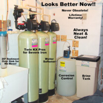 A Water Softener with brine tank for hard water, Twin KX Pro Tanks to remove high levels of iron from water, a sediment filter & a Solution Feeder for pH & corrosion control