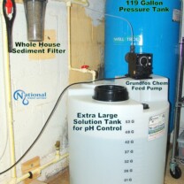 Solution Feeder for pH and corrosion control, a Sediment Filter and 119 gallon well water Pressure Tank