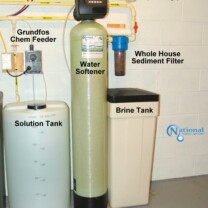 Solution Feeder for pH and corrosion control, a Water Softener with brine tank for hard water and a whole house Sediment Filter