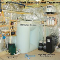 A Reverse Osmosis water treatment system for up too 99.9% contaminant free water, a 400 gallon storage tank with a water booster pump for a low yielding well and Twin High Efficiency Water Softeners