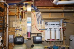 A home water filtration system in Frederick County features pipes, blue and white tubing, control panels, labeled valves, and filter cartridges mounted on a basement wall—complete with electronic displays, water tanks, and reliable Water Service. A home water filtration system in Frederick County features pipes, blue and white tubing, control panels, labeled valves, and filter cartridges mounted on a basement wall—complete with electronic displays, water tanks, and reliable Water Service.