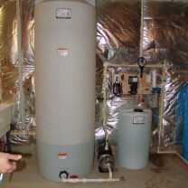 A Storage Tank for a low yielding well with a water pressure booster pump. a Solution Feeder for pH & corrosion control and a whole house sediment filter