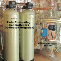 Irrigation specific Twin Alternating Water Softeners for the removal of iron from water and a Constant Water Pressure Pump Control System