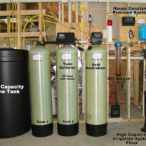 Twin Water Softeners for hard water with a High Capacity Brine Tank, an Acid Neutralizer for corrosion control, a Whole House Sediment Filter, a Well Water Constant Pressure System and a High Capacity Sediment Filter for Irrigation