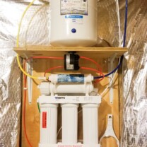 We installed a 75 gallon per day Reverse Osmosis System in a new customers home for 99.9% contamination free cooking and drinking water with a flood protection tray! Reverse Osmosis