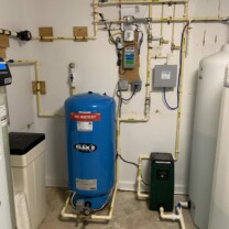 Water softener, a pressure tank, clean water storage with a pressure booster pump