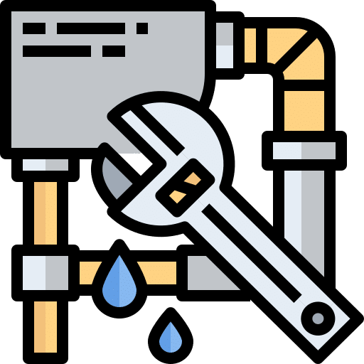 Illustration of metal pipes joined with fittings, a large wrench gripping one pipe, and two blue water drops falling, symbolizing plumbing or pipe repair work by a professional Plumber in Maryland.