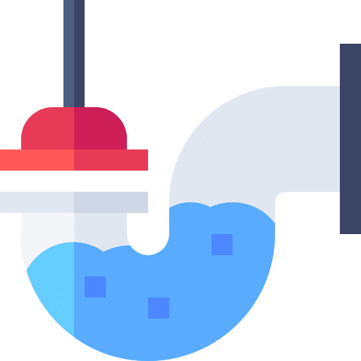 Illustration of a red and white plunger unclogging a U-shaped pipe filled with blue water and debris, depicting the expert service of a Plumber Maryland.