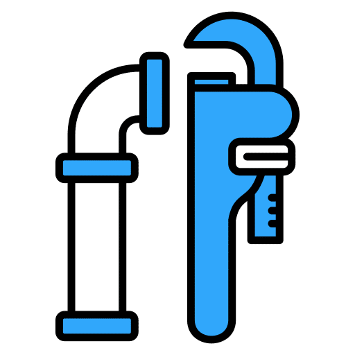 A blue pipe wrench and a section of plumbing pipe are depicted side by side with simple black outlines and blue accents on a light gray background, evoking the tools trusted by any professional plumber in Maryland.