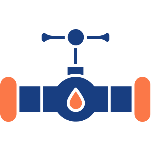 Simple illustration of a water valve with a drop symbol in the center, featuring dark blue and orange colors on a light background—perfect for representing a Plumber Maryland service.