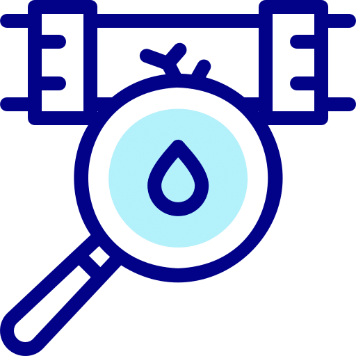 Blue outline icon of a magnifying glass examining a water droplet under a leaking pipe, symbolizing water leak detection or inspection by a Plumber Maryland professional.