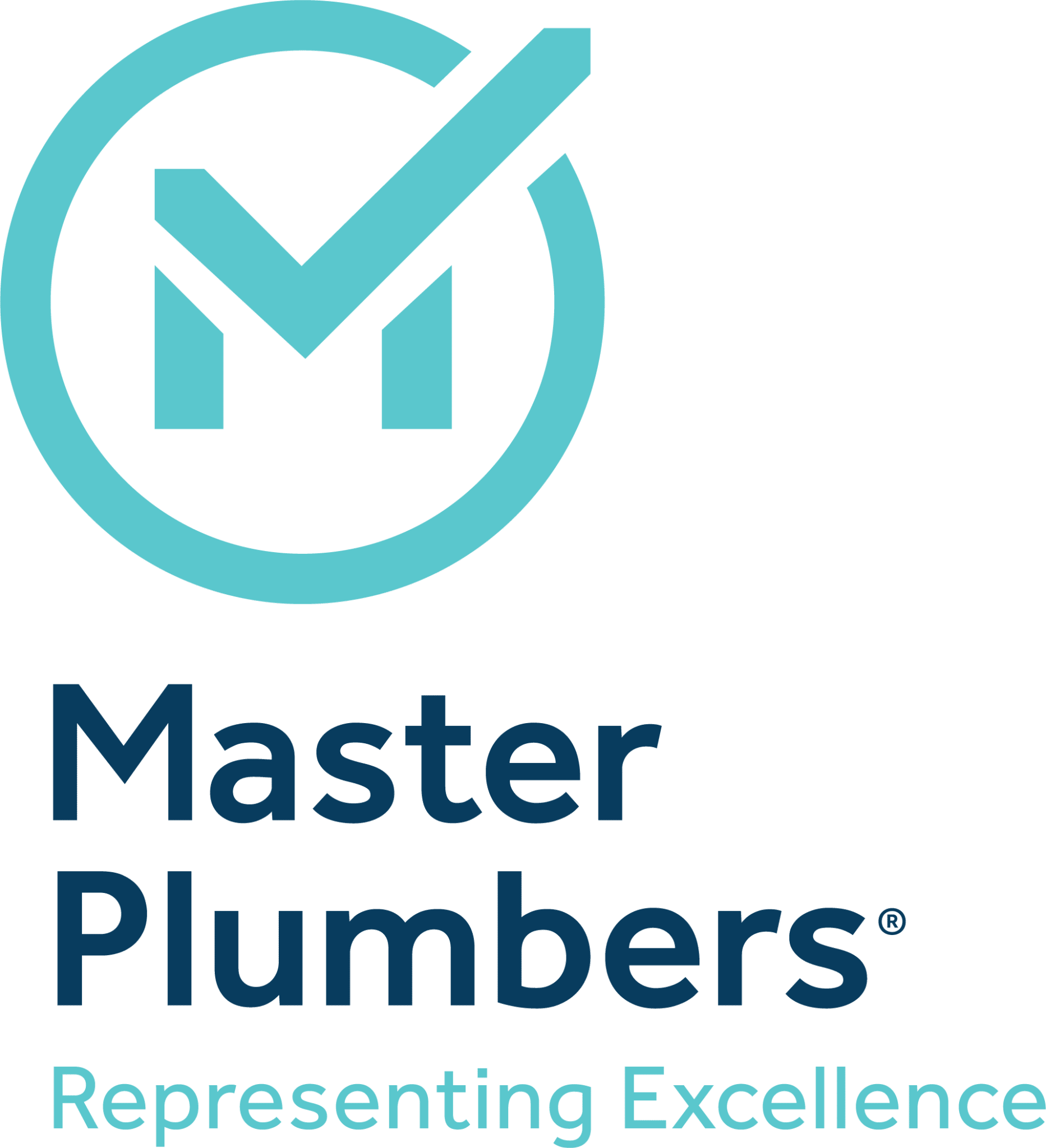 Blue circular logo with an abstract check mark and M inside. Below, bold text reads Master Plumbers®, with smaller text underneath saying Representing Excellence. Proudly associated with National Water Service Maryland.
