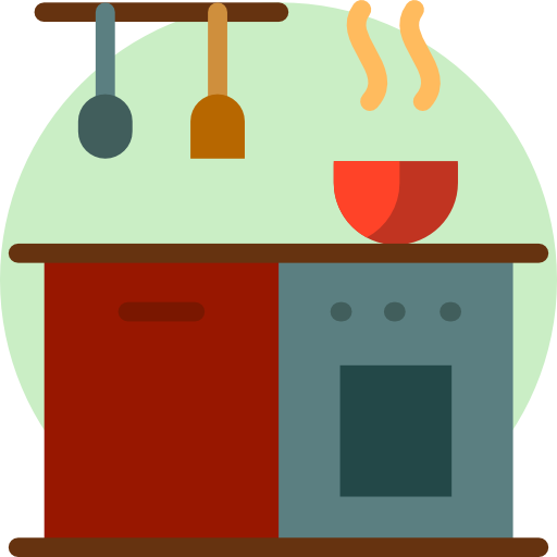A minimalist illustration of a kitchen scene with a stove, red cabinet, oven, hanging utensils, and a steaming bowl on the counter—perfect for a Plumber Maryland advertisement—set against a light green background.