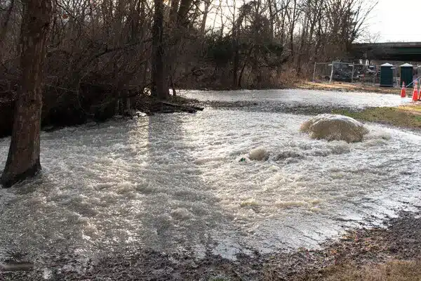 Flooded area with fast-flowing water covers the ground near trees and a grassy path; a large bubbling spot suggests a Potomac River Sewage Spill or burst pipe beneath the surface. Construction cones and fencing are visible in the background.