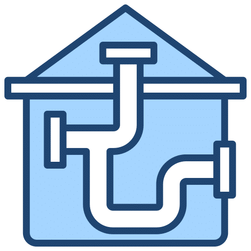 A blue icon of a house with visible plumbing pipes inside, symbolizing a plumbing or drainage system—ideal for representing a Plumber Maryland service.
