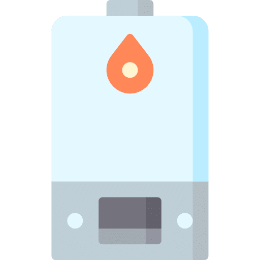 Flat illustration of a gas-powered water heater or boiler with a digital display and orange flame icon, set against a light background—ideal for showcasing services by a Plumber in Maryland.