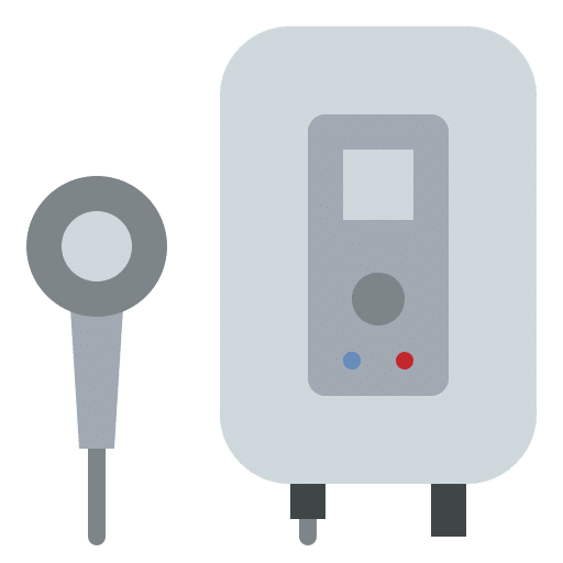Flat illustration of a water heater with a handheld shower head to the left and a rectangular control unit to the right, perfect for showcasing Plumber Maryland services and modern bathroom solutions.